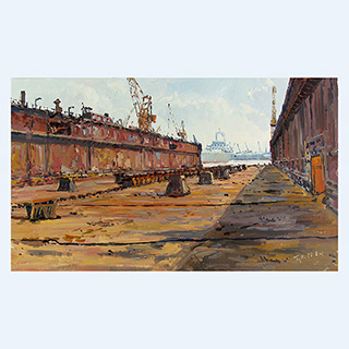 Hebedock, Vor-Ort-Gemälde, Lloyd | Lloyd-Werft, Bremerhaven | 28.08.2002 | 30 x 50 cm | Öl/Malkarton