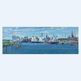 Hafencity von der Freihafenelbbrücke | Hamburg | 2012 | 30 x 80 cm | Öl/Leinwand