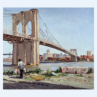Obdachloser u. der Brooklyn Bridge | New York | 25.05.1996 | 45 x 40 cm | Öl/Malkarton