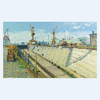 Trockendock, Vor-Ort-Gemälde Lloyd | Lloyd-Werft, Bremerhaven | 29.08.2002 | 30 x 50 cm | Öl/Malkarton