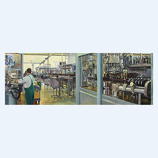 Bottling and Labeling | Brasserie Nationale S.A.,  Luxemburg | 2005 | 39 x 118 inch | oil/canvas