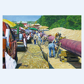 Welding the Pipeline, Michels Corp. | Michels, Brownsville USA | 2006 | 30 x 43 inch | oil/canvas