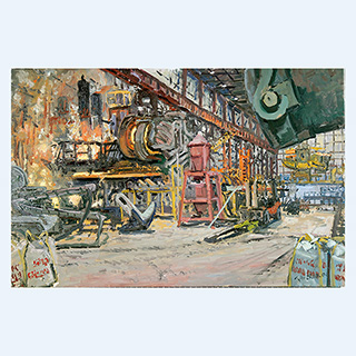 Preparing to Tap the Furnace | Charter Steel, Cleveland, OHIO, USA | 10/25/2006 | 16 x 24 inch | oil on cardboard