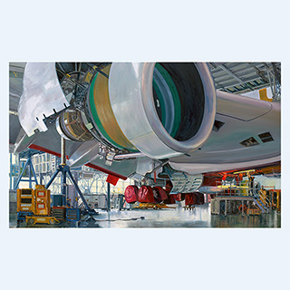 Jacking up the A380 | Airbus, Hamburg | 2011 | 39 x 71 inch | oil/canvas
