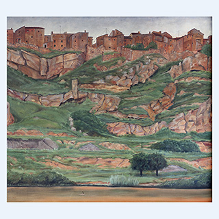 Nuevalos vom Rio Pedra aus gesehen | Spanien | 1977 | 85 x 95 cm | Öl/Leinwand