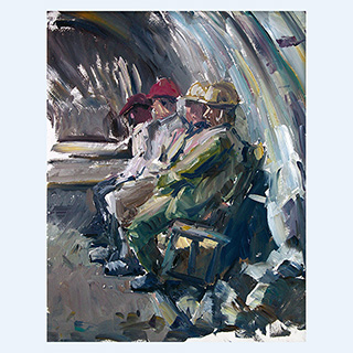 Miners Waiting | RAG, Germany | 02/23/1985 | 16 x 12 inch | oil on cardboard