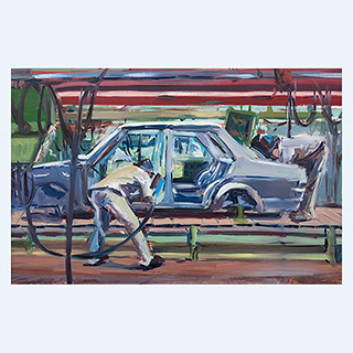 Welding the Auto Body, on-site painting | VW, Wolfsburg | 09/05/1980 | 16 x 24 inch | oil on cardboard