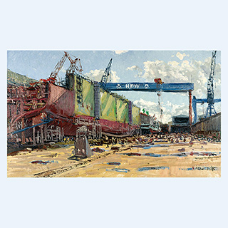 HDW-Shipyard, on-site painting | HDW, Kiel Germany | 04/15/1999 | 12 x 20 inch | oil on cardboard