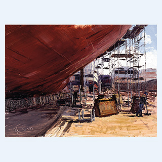 HDW-Werft, Vor-Ort-Gemälde | HDW, Kiel | 15.04.1999 | 30 x 40 cm | Öl/Malkarton